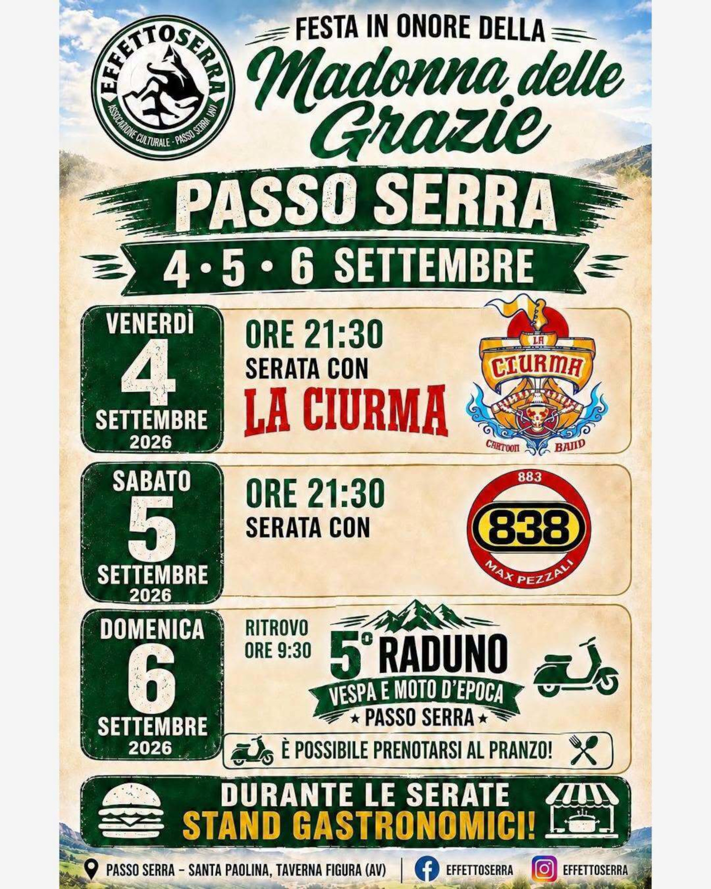 Locandina: Passo Serra si prepara alla festa: musica, tradizione e motori d’epoca — Santa Paolina