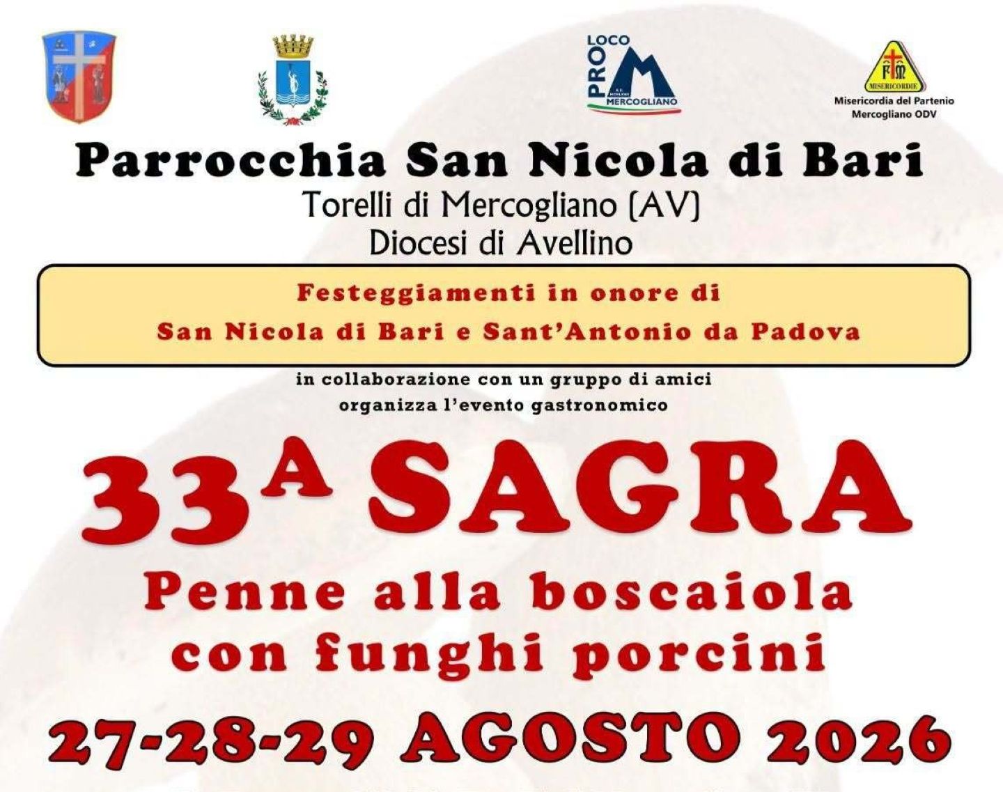 Locandina: C'è la 33° edizione della Sagra Penne alla Boscaiola con Funghi Porcini — Torelli di Mercogliano